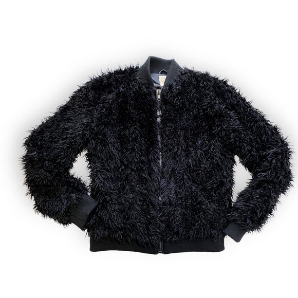 Chaser Faux Lamby Black Vegan Fur Bomber Jacket L NWT - Picture 2 of 16